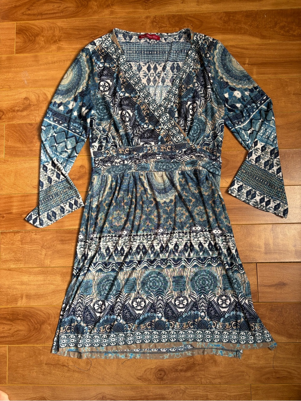 Blue Boho Faux Wrap Tunic | V-Neck Bell Sleeves